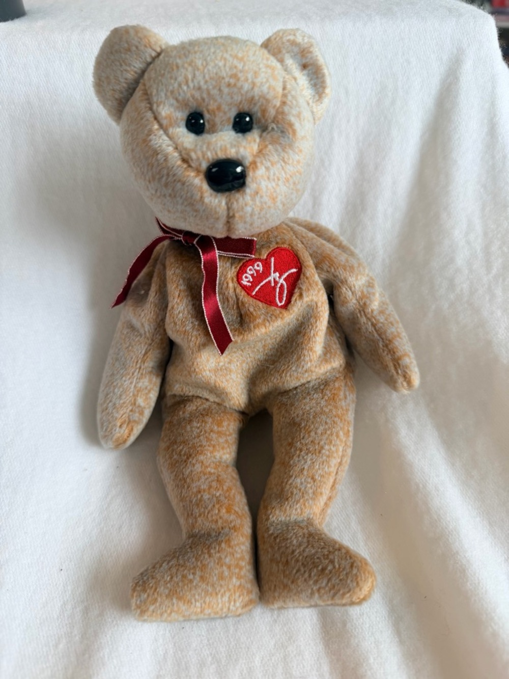 Ty Plush Bear with Red Heart Patch and Burgundy Ribbon